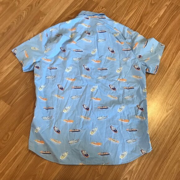 J Crew Mens Short Sleeve Button-Down Shirt Size S Blue Speedboat Print - Picture 5 of 8